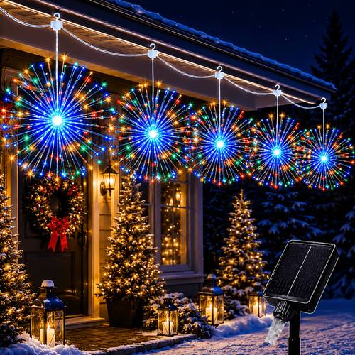 imagen del artículo juego de 5 guirnaldas de luces led de solar colgantes tipo artificiales de , 300 led, 8 , encendido/apagado automático, alambre de cobre flexible para bricolaje, decoración para fiestas navideñas, y patio