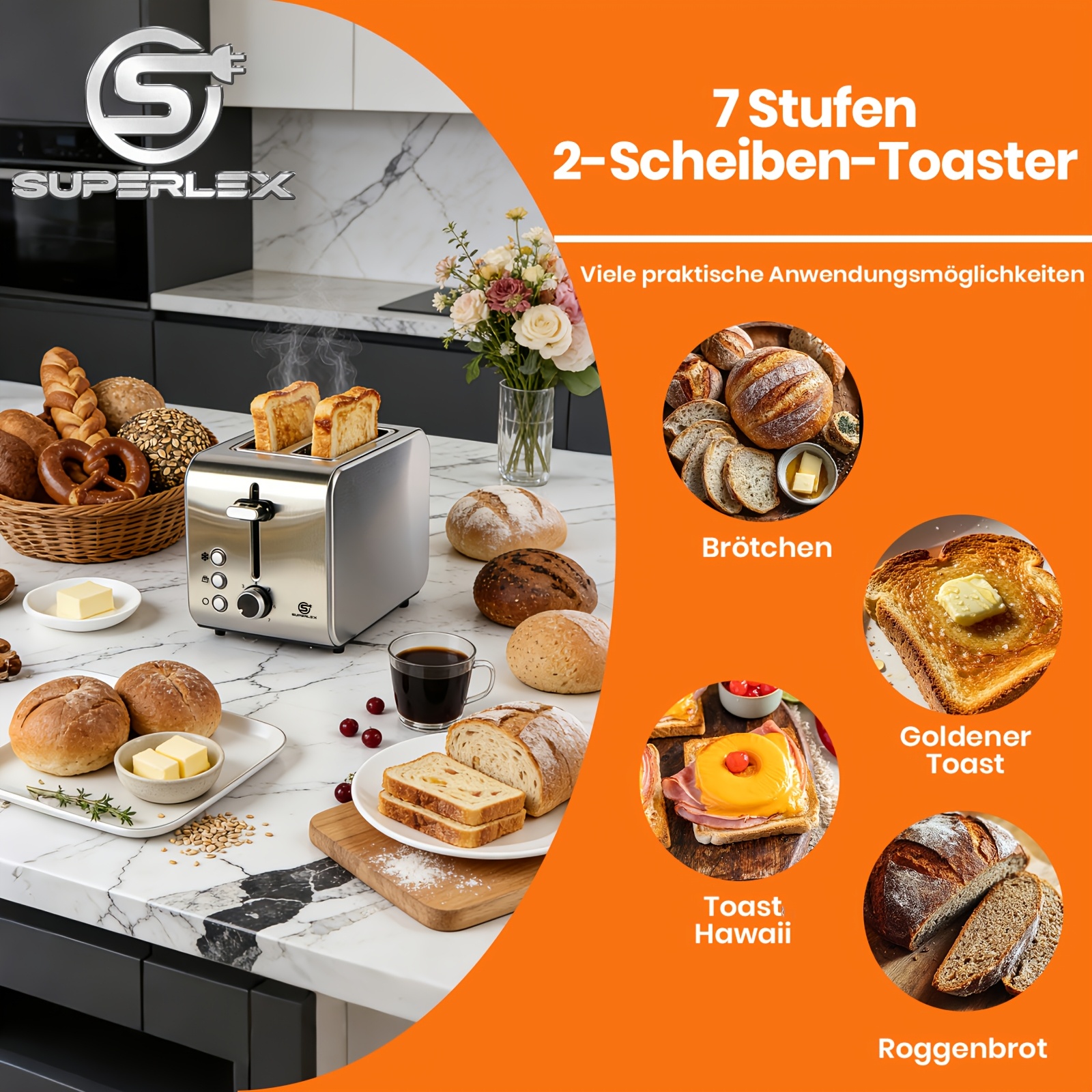 Image of Superlex Premium 2- Stainless Steel Digital Bread Toaster, Fast Heating Toast Machine, & , -up, Neat Storage And Easy Clean Household