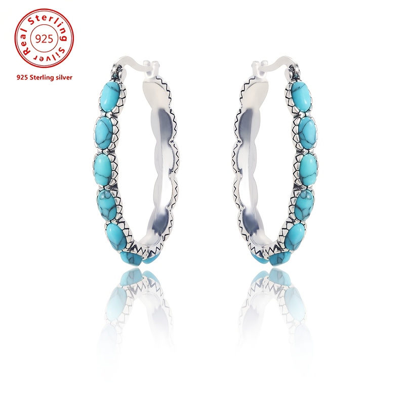 

A Pair Of Stylish Hoop Earrings For Women In Elegant Style, 925 Silver And Inlaid With Synthetic Turquoise, Any . Valentine's Day Gift, Gift Box.