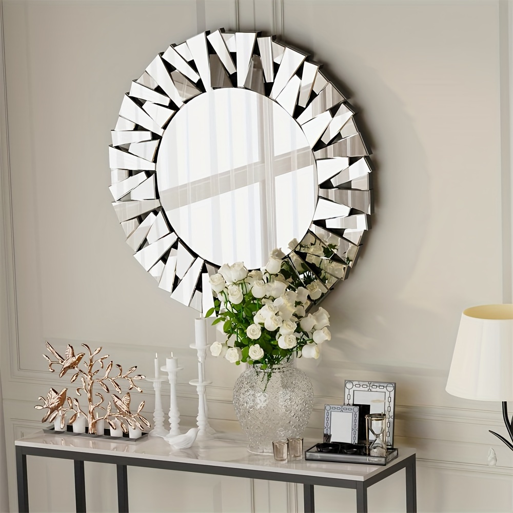 TEMU Round Decorative Mirror Wall 80cm Large Silver Vanity With Beveled Glass Frame Edge And Back For Modern Home Mirrored Art Accent Wall Mirror