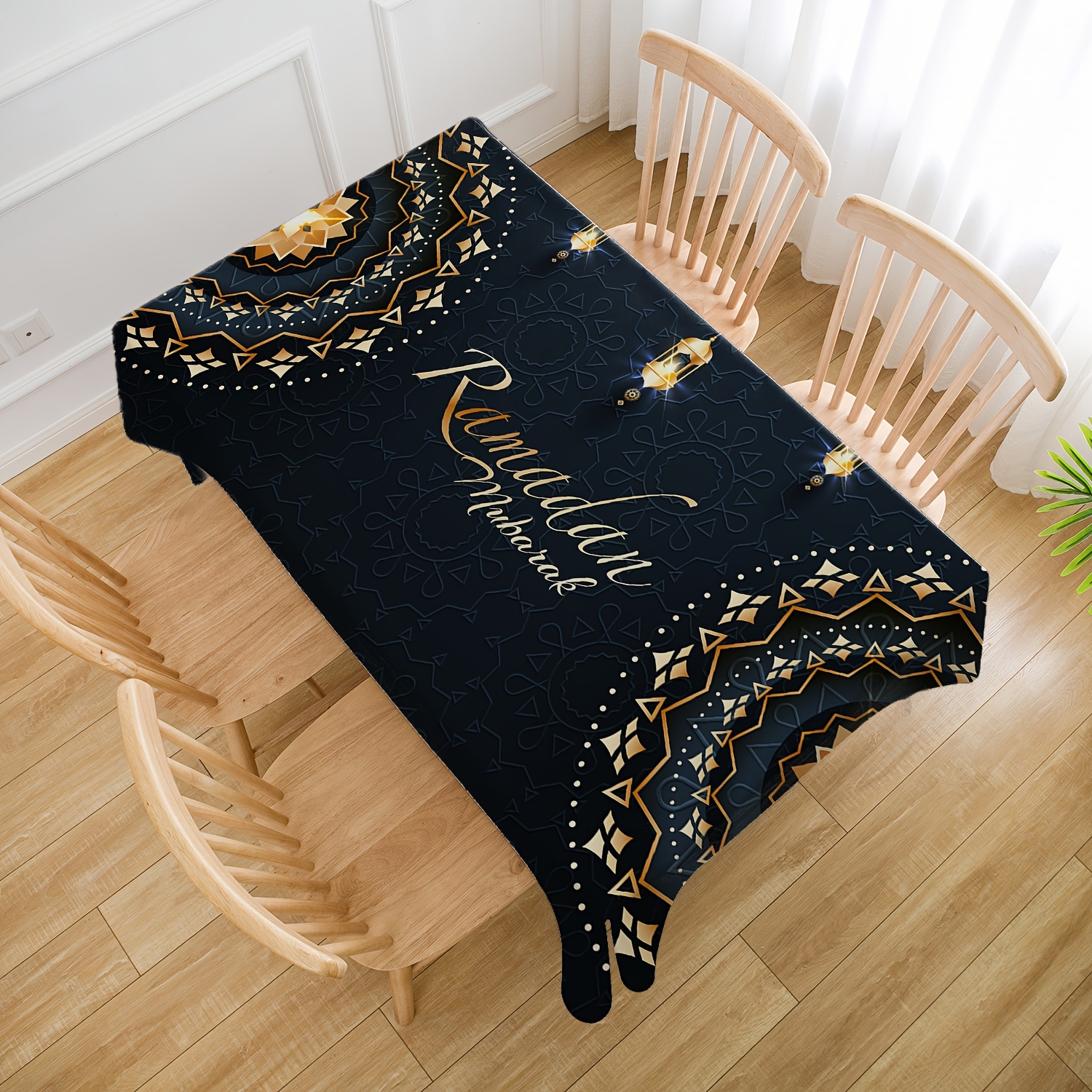 

Elegant Ramadan Tablecloth - Golden Mandala & Vintage , Washable Polyester, Eid Al-fitr & Home Celebrations, Square Shape