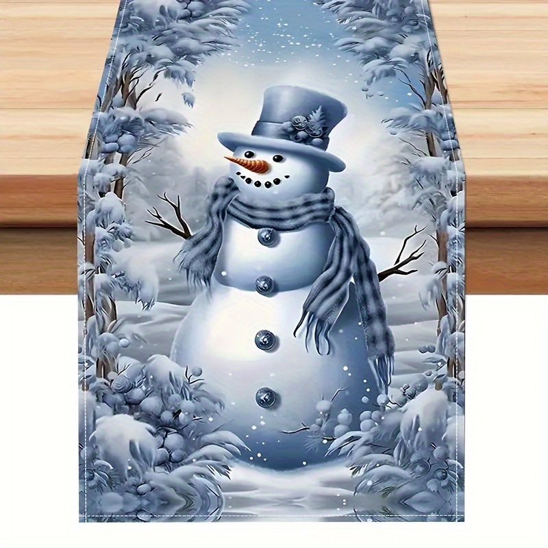 

Christmas Snowman Blue Table Runner - 100% Polyester Rectangular Dining Decor With Snow Scenery, Ideal For Festive Meals And Party Decorations, Woven Fabric