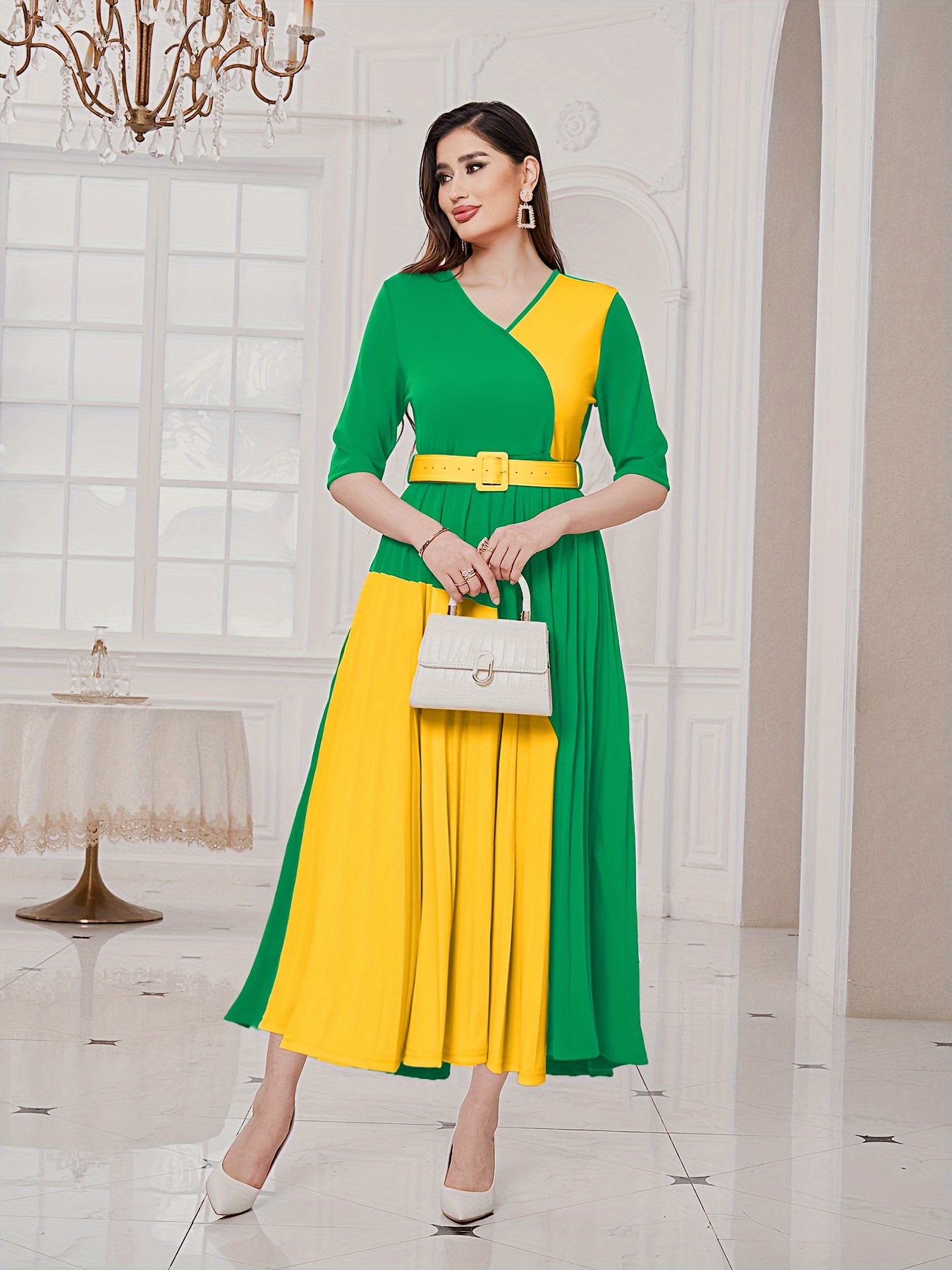 womens elegant v neck a line dress color block contrast - Temu
