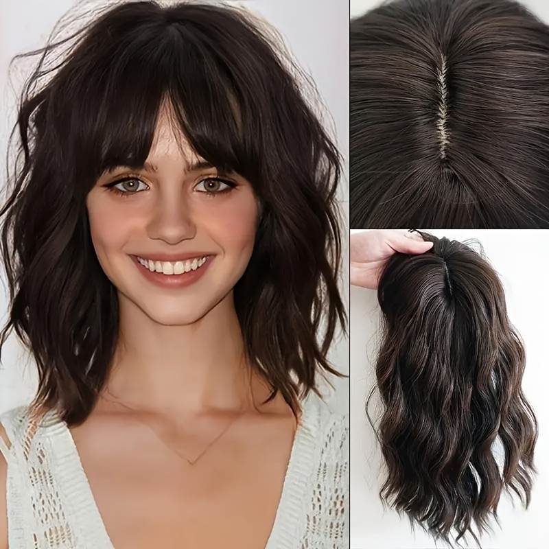 

Elegant Curly Wave Topper For Women - Natural-looking Synthetic Hairpiece With Full Bangs, &