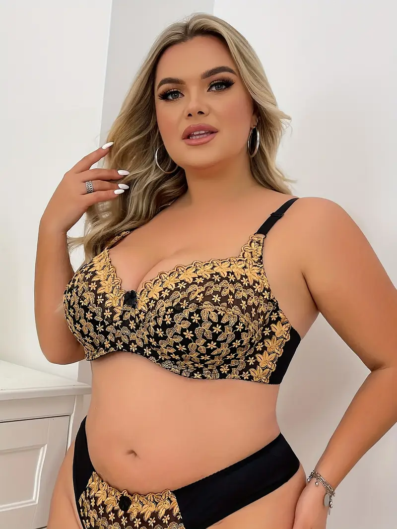 womens plus sexy bra plus size bow decor floral embroidery non padded underwire bra details 2