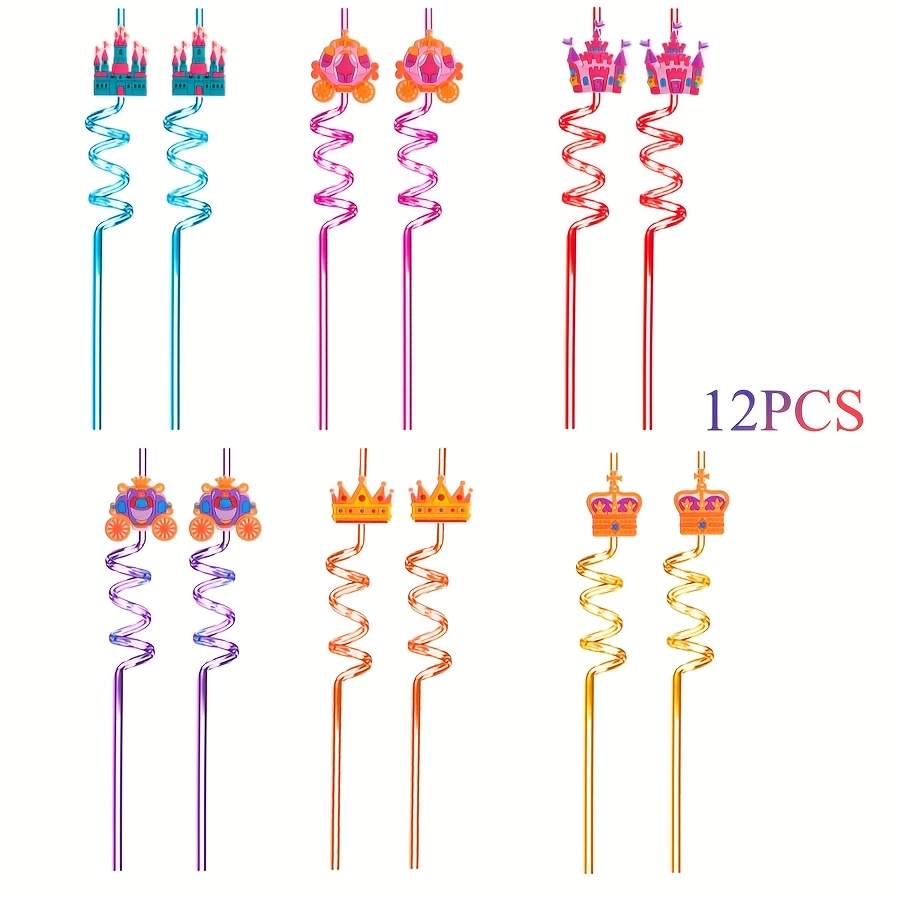 Image of 6/12pcs Princess Party Straw Reusable Plastic Straws 6 Kinds Castle/crown/carriage Shape Strawperfect For Princess Themed Birthday Party Decoration Supplies Party Gifts