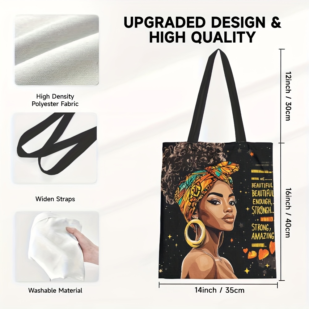 TEMU 1pc Vintage Tote Bag - Lightweight Reusable Foldable Polyester Grocery Bag With African Portrait, Stars & Motivational Quotes - High-quality