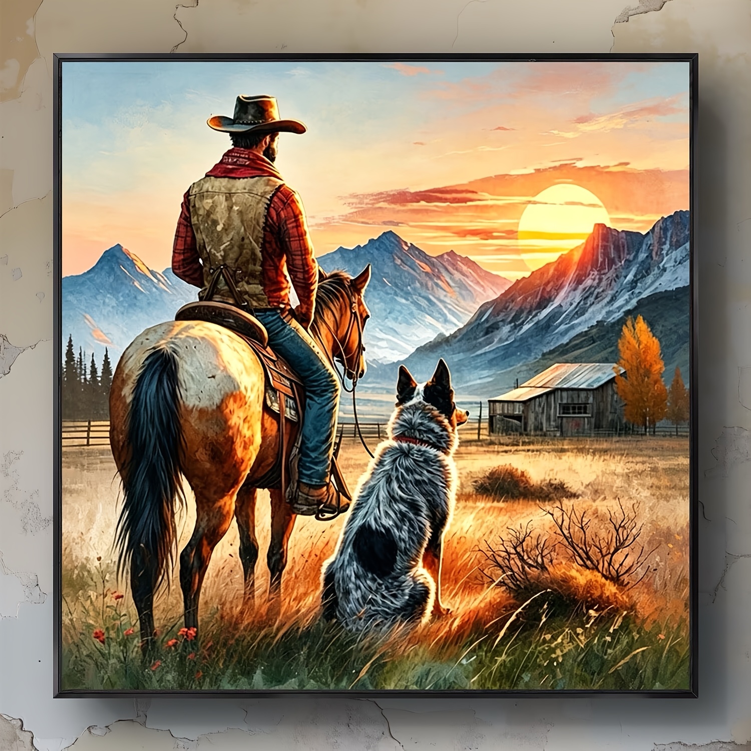 TEMU A Set Of 5d Diy Diamond Painting Featuring A Sunset Western Cowboy, Horse, And Herding Dog. This Large-sized Adult 5d Diamond Painting Kit Is A