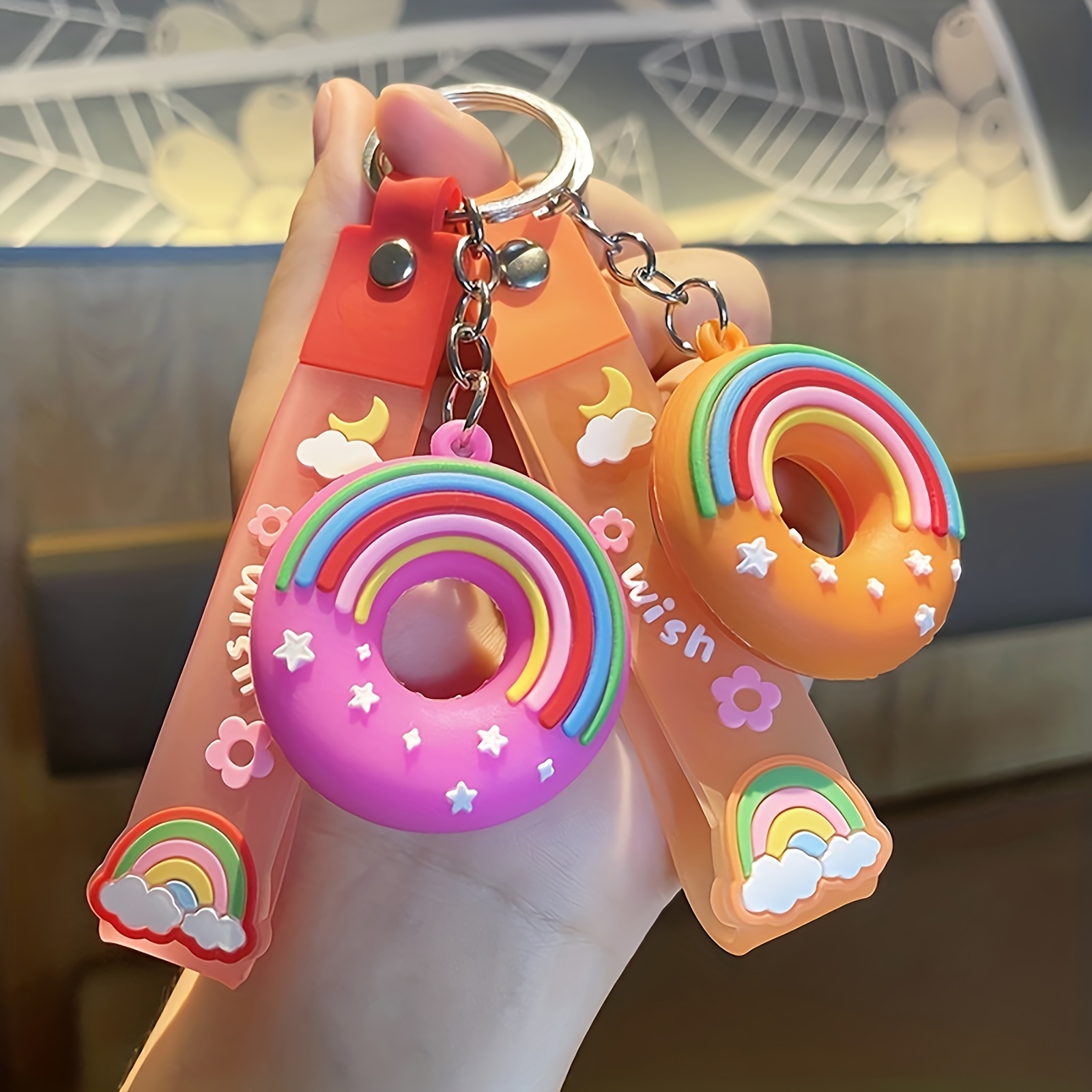 

1pc Rainbow Donut Keychain Cute Candy Color Silicone Wristlet Key Chain Ring Bag Backpack Charm Car Hanging Pendant Women Daily Use Gift