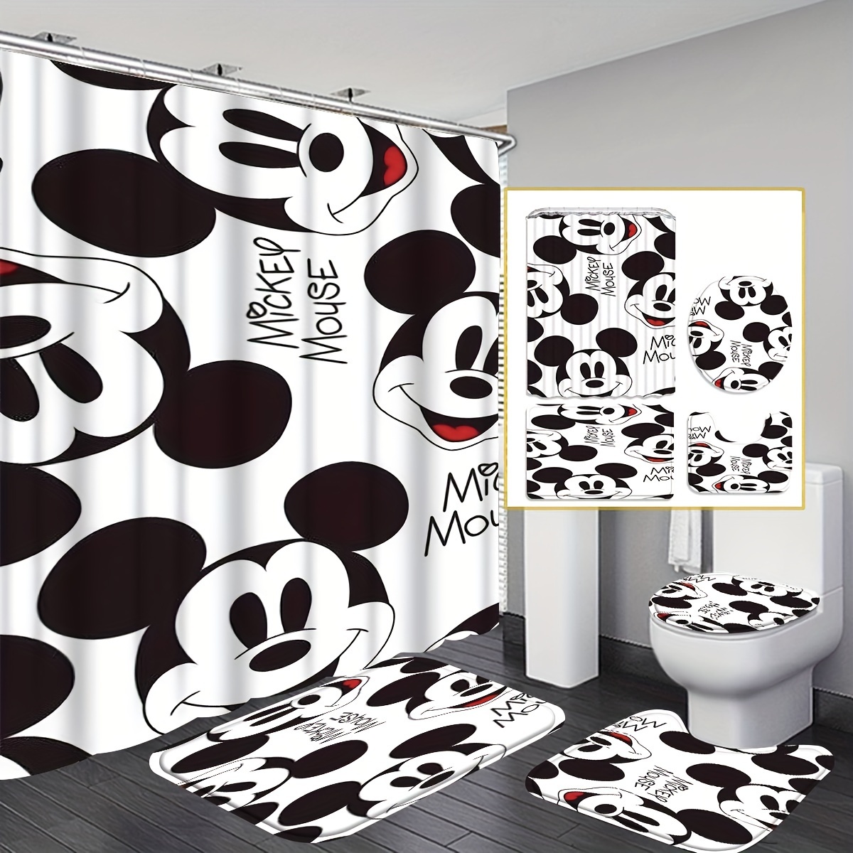 

1/4pcs Mickey Mouse Pattern Shower Curtain Set, Waterproof Shower Curtain With 12 Hooks, Non-slip Bath Mat, U-shaped Toilet Mat, Toilet Mat, Bathroom Decor Accessories