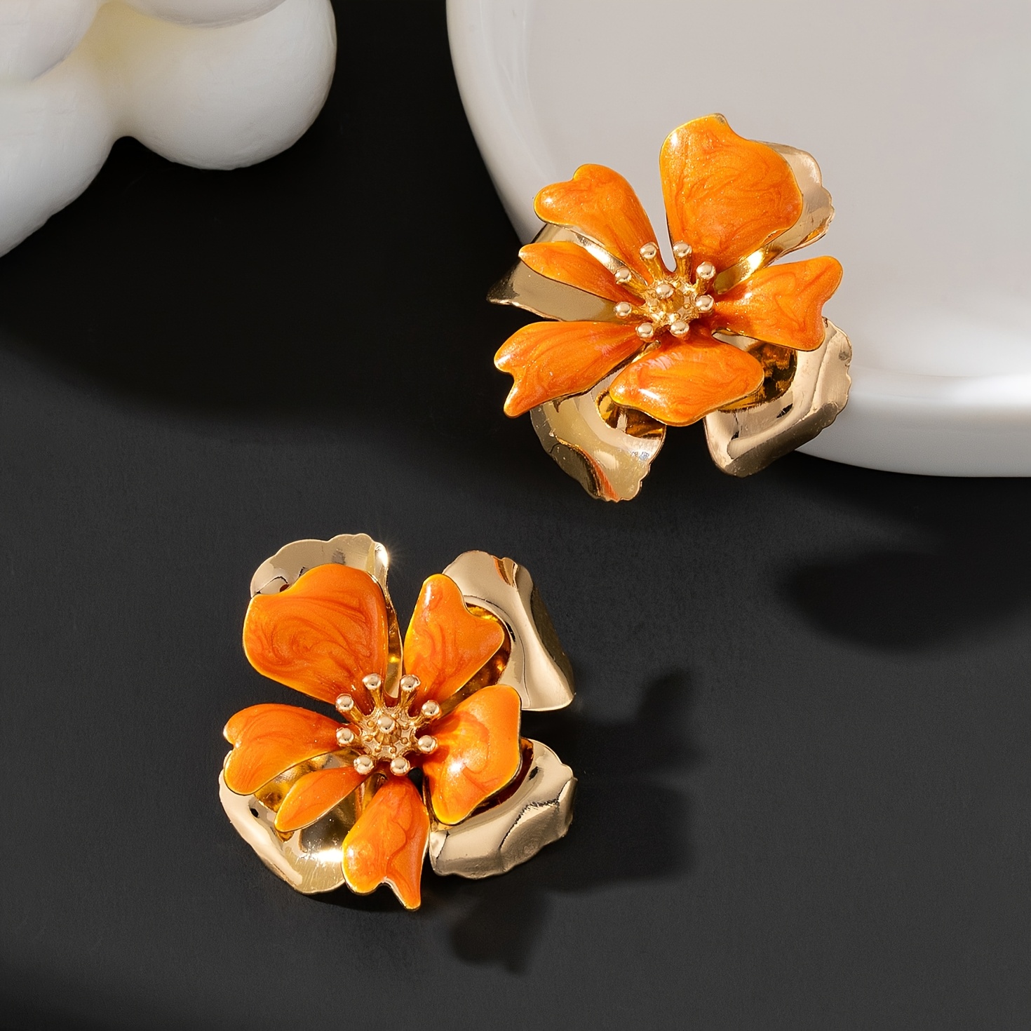 Radiant Handmade Double-Layered Orange Blossom Ear Studs, Festive Gift