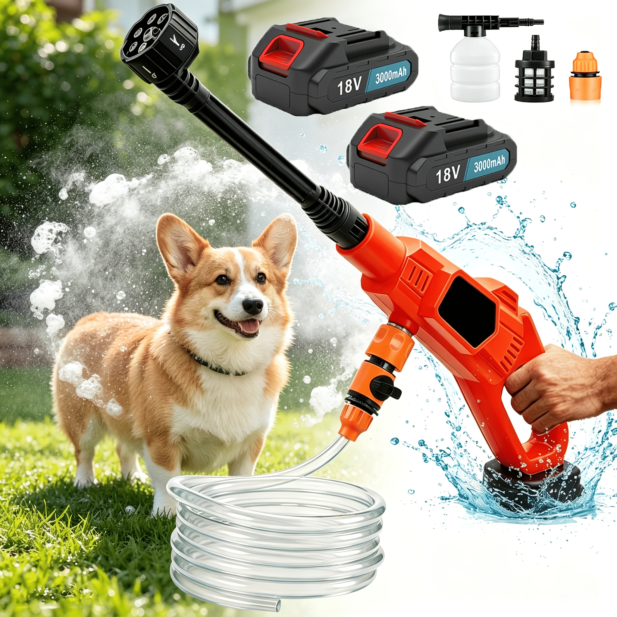 Image of 600w Portable Self-priming Cordless Pressure Washer Gun 6-in-1 Adjustable Nozzle, 2x Battery-powered Cleaner With Hose Foam Bottle Filter, For Swimming Pool Washing Car Pet Bath Garden Patio Floor