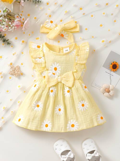 baby girls dress cute summer casual all match double faced crinkled fabric sleeveless daisy print dress and headscarf