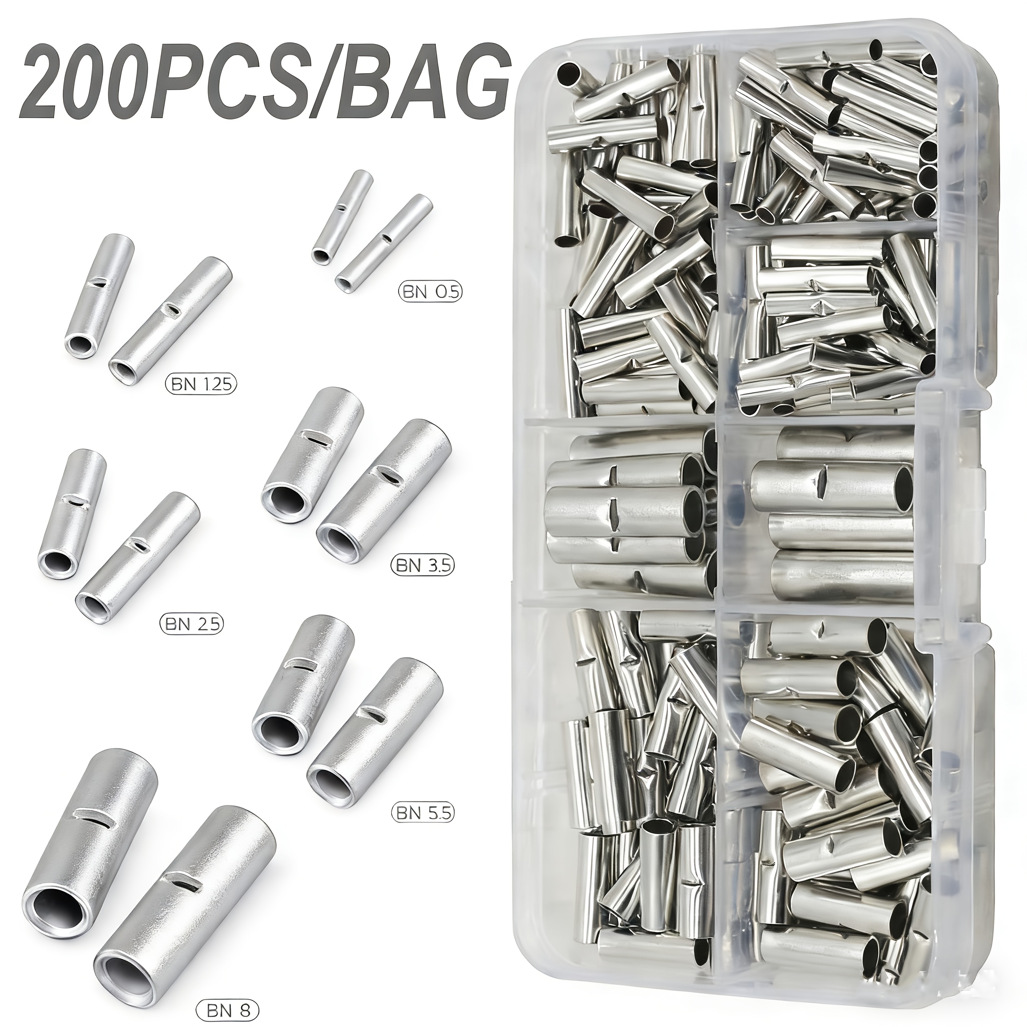 TEMU 200pcs Of 6 Types Of Non-insulated Bnt Tube-style Crimp Connector Kits In A Box