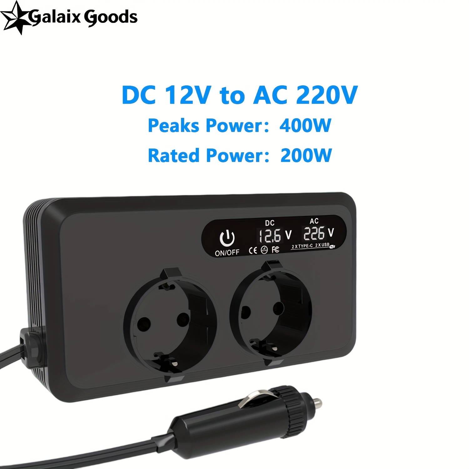 Onduleur de Puissance pour Véhicule 400W Convertissant DC 12V en AC 230V, avec Adaptateur de Voiture et 2 Ports USB, 2 Ports Type-C, un Écran LCD et des Prises AC, Conçu pour l'UE