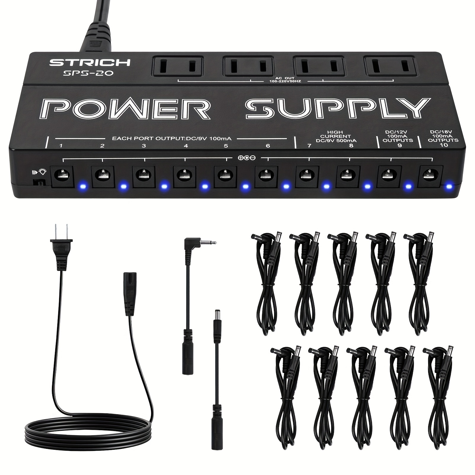 

Strich Guitar Power Supply - 10 Isolated Dc Outputs, Compatible With 9v/12v/18v Pedals, Sps-20 Model