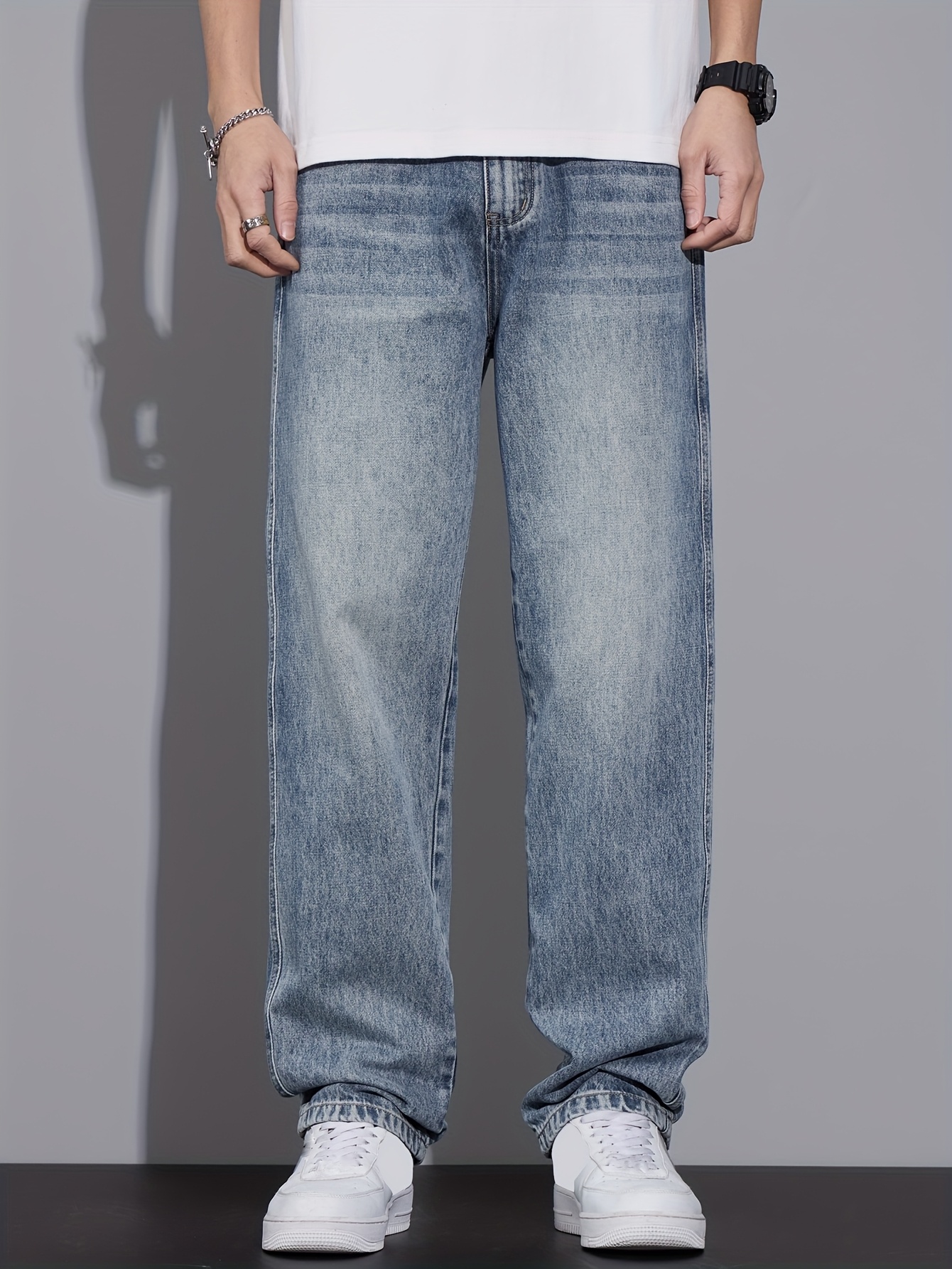 Men'S Vintage Washed Straight-Leg Jeans, Loose-Fitting And Trendy for Spring And Autumn, Versatile Casual Pants in Light Blue, New Style for 2025 (Geng Yuan Shi)
