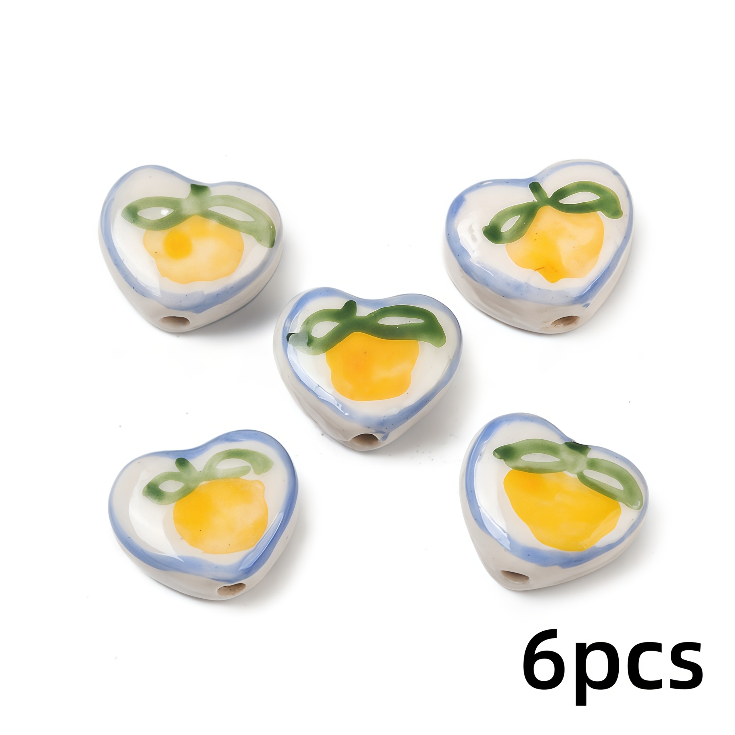 TEMU 6 Perline in Ceramica a Forma di Cuore con Motivo a Limone, Adatte per di Braccialetti e Collane Fai da Te