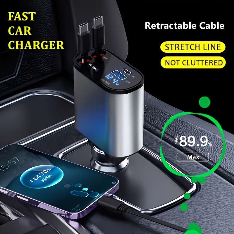 

Retractable , 4 In 1 Fast Car Phone Charger, Retractable Cables And 2 Usb Ports Adapter, For Android Cell Phones