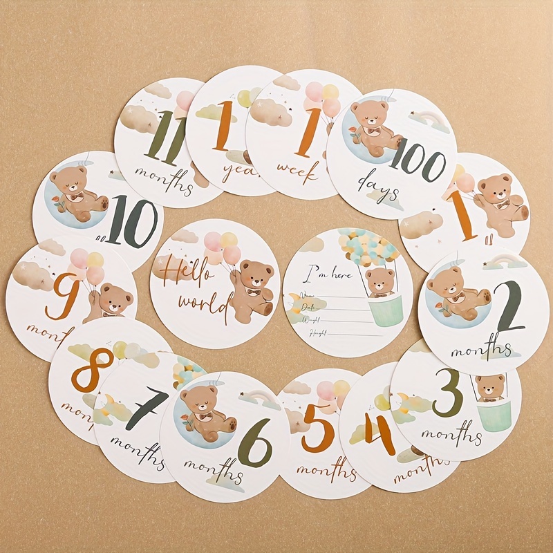 16pcs set birth commemorative cards paper growth record cards cute bear cartoon birth commemorative signs birthday commemorative props photography props details 1