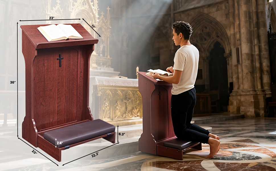 Traditional Wooden Kneeling Prayer Stool with Padded Bench And Bible Stand-36-Inch Church-Style Prayer Station, Suitable for Homes, Small Chapels, And Religious Worship. Prayer Stool Kneeling Pad, for Home Wooden Kneeling Pad, Church Kneeling Stool