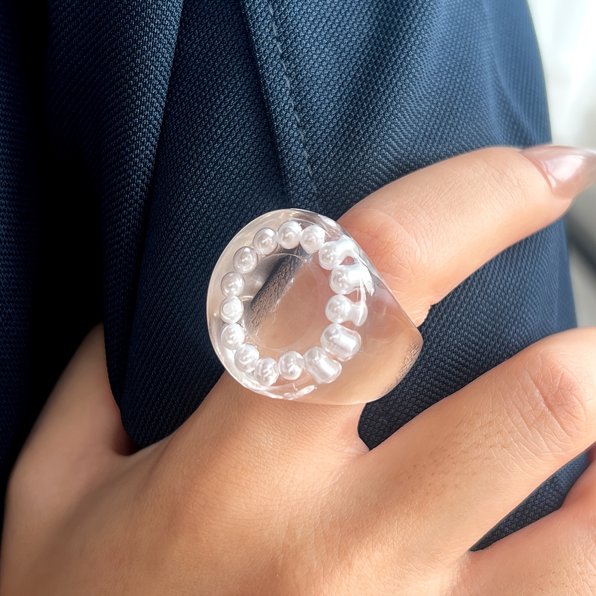 Women's Elegant Transparent Bead Ring, Minimalist Stackable