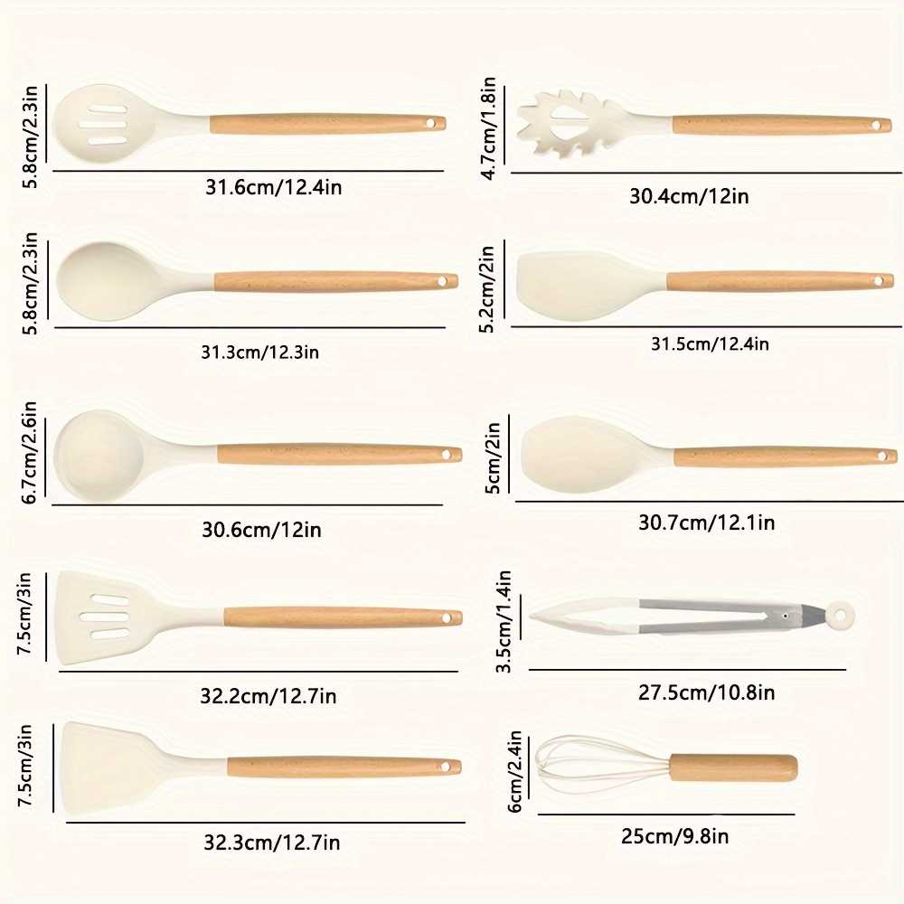 10pcs/set Silicone Cooking Utensils Set for Kitchen, Heat Resistant Non-Stick Cooking Set with Wooden Handle Spatula Turner Spoon Tongs Whisk