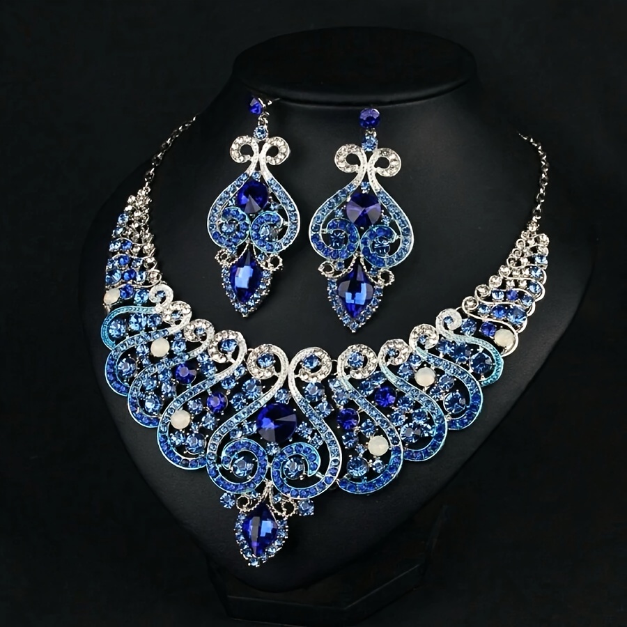 Exaggerated Necklace And Earring Set, Blue Rhinestone Collar Chain Decoration, Vintage Dress Accessories.