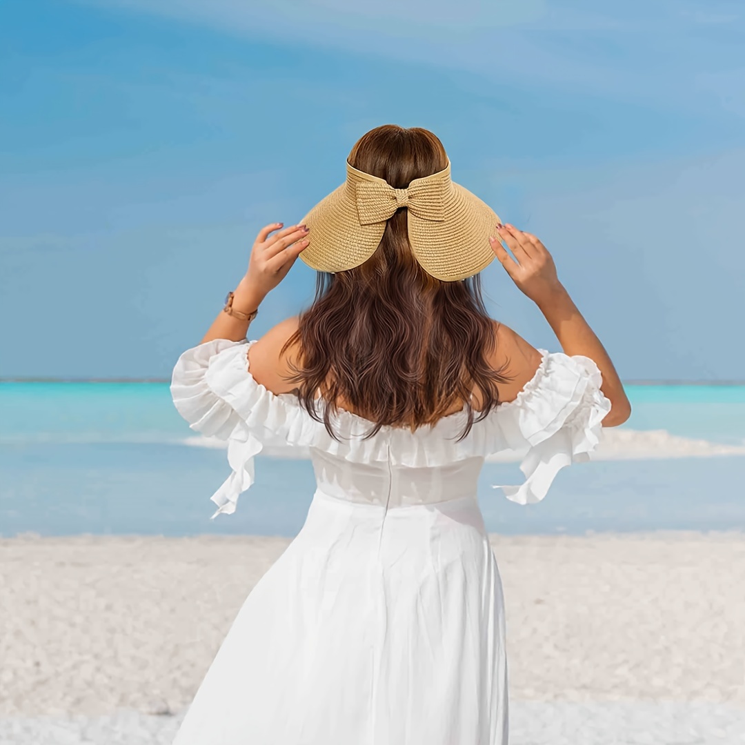 sun visor hats women wide brim straw roll ponytail hat - Temu display picture 1