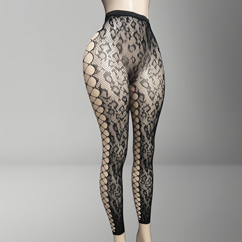 Image of 1 Pair Of Black Sexy Non-open Crotch Pantyhose With Leopard Print Jacquard, Side Cut-out, And Fishnet Ankle Pants