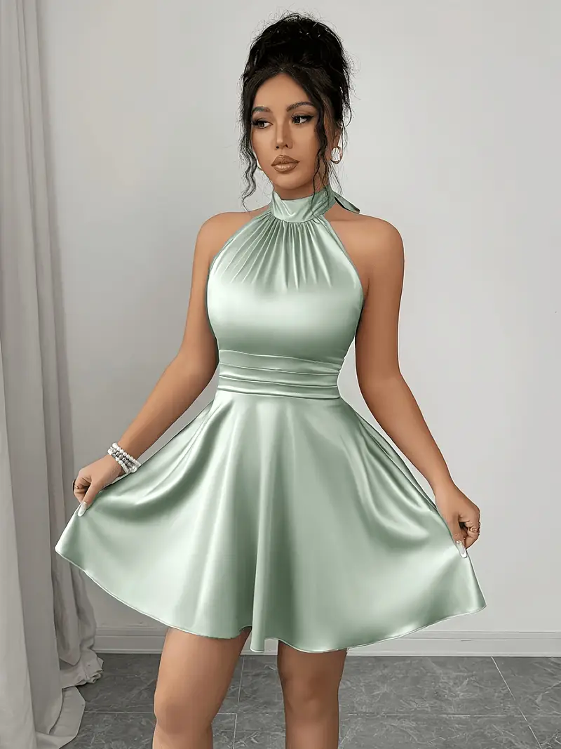 light green silk mini dress Aloruh Women's New Mint Green Mini Waist Dress/Pea Skirt, Wedding Season Dress, Date Faux Silk Short Soft Texture Summer Dresses,Summer For Women
