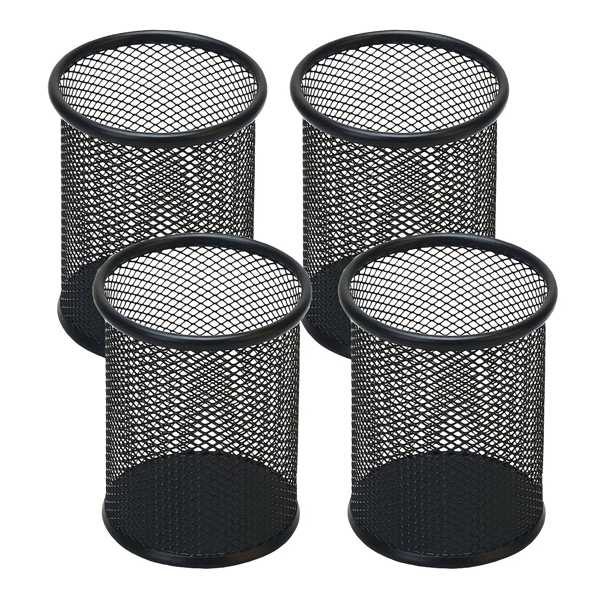TEMU 4pcs Black Round Stationery Storage, Metal Wire Mesh Pen Holder, Suitable For Desktop Storage And Office