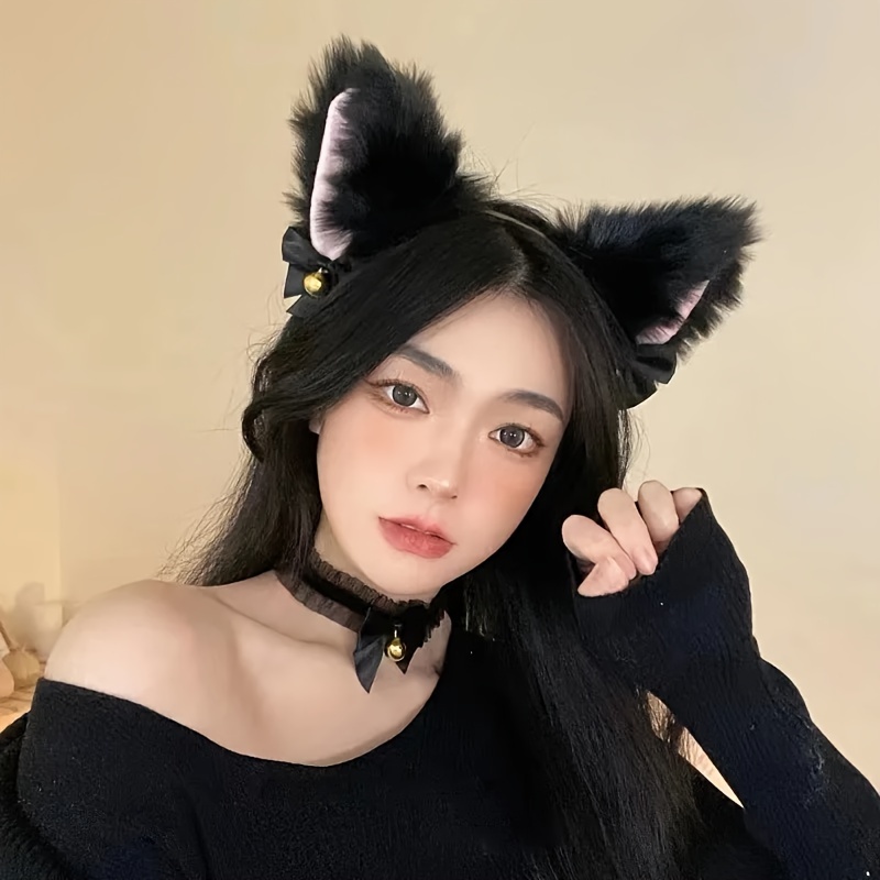 

Lovely Bowknot Cat Ears Decorative Head Band Cute Plush Hair Hoop Non Slip Head Wear For Women And Daily Use Party Wear