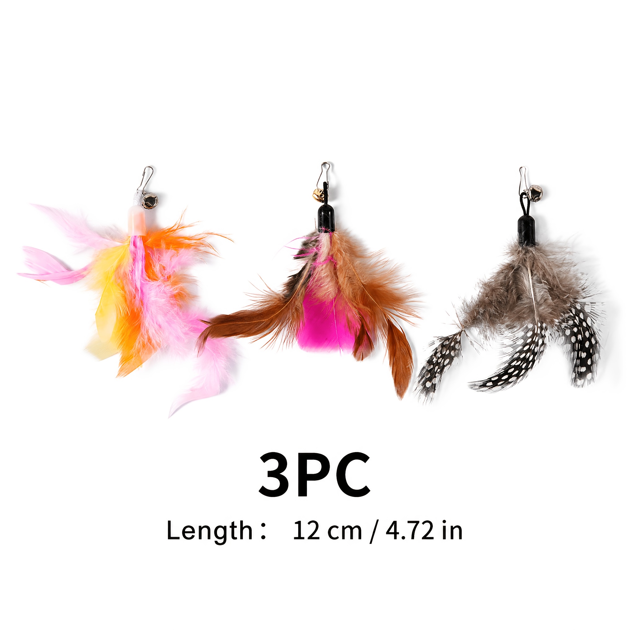 TEMU 3-pack Cat Teaser Wand Replacement Heads, 3 Colorful Feather Styles: Pink-orange / Brown-pink / Gray-spotted, Each And Lobster Clasp. Feathers