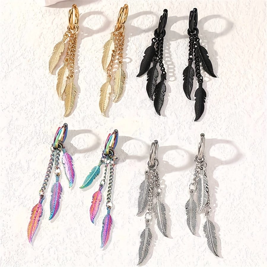 

A Pair Of Creative Colorful Stainless Steel Feather Earrings For Men And Women, Leaf Chain Ear Clips, Trendy Chain Long Earrings, Party Gifts