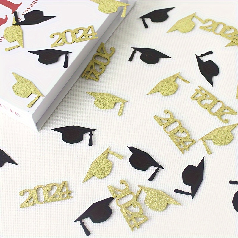 

100pcs 2024 Graduation Cap Confetti, Black And Golden Paper Table Scatter Decorations, Party Supplies For Graduation Events, Home Room Decor