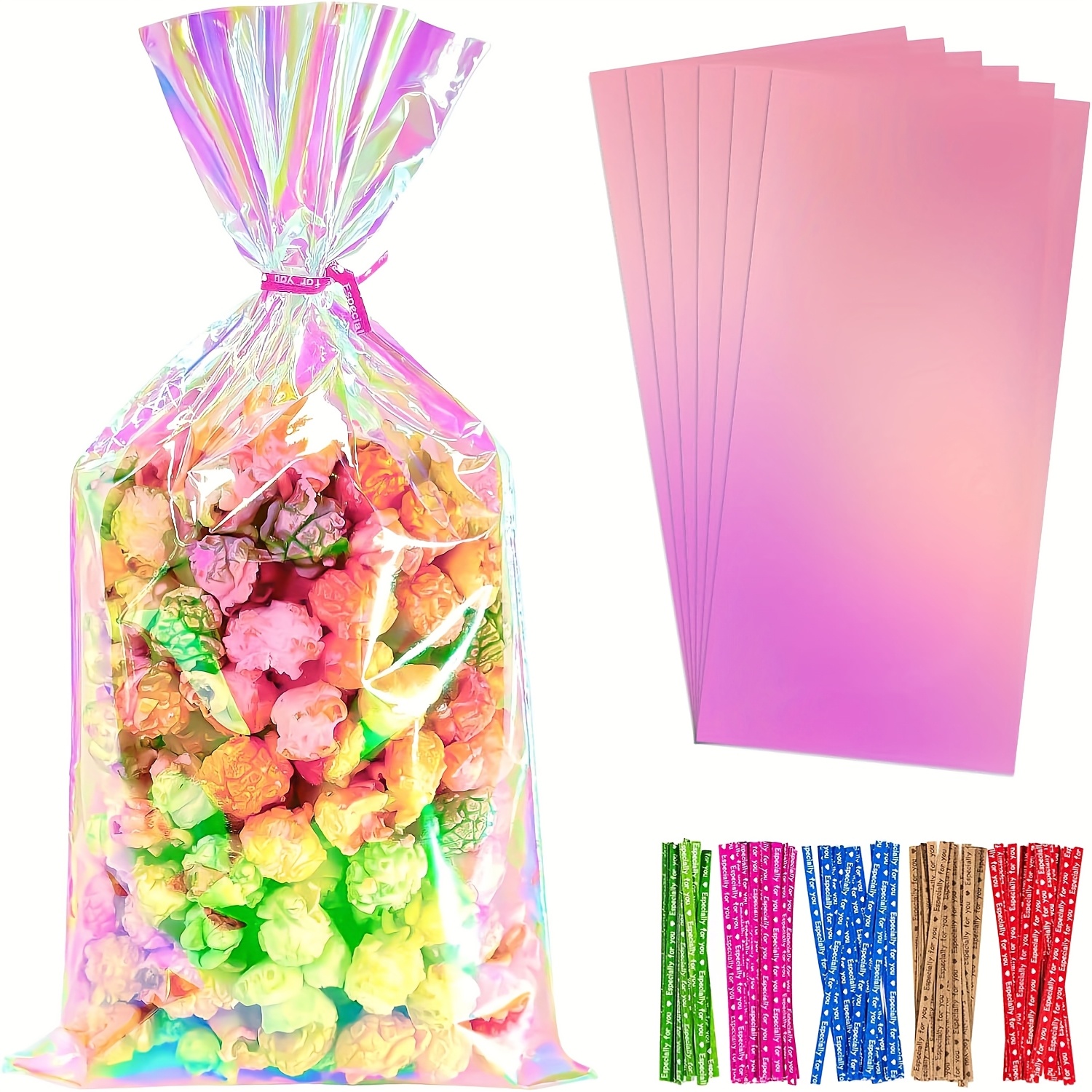 TEMU 6x12 Inch Iridescent Cellophane Treat Bags With Thank You Stickers And Twist Ties, Pack Of 100 For Celebrations, Baby Showers, Weddings &