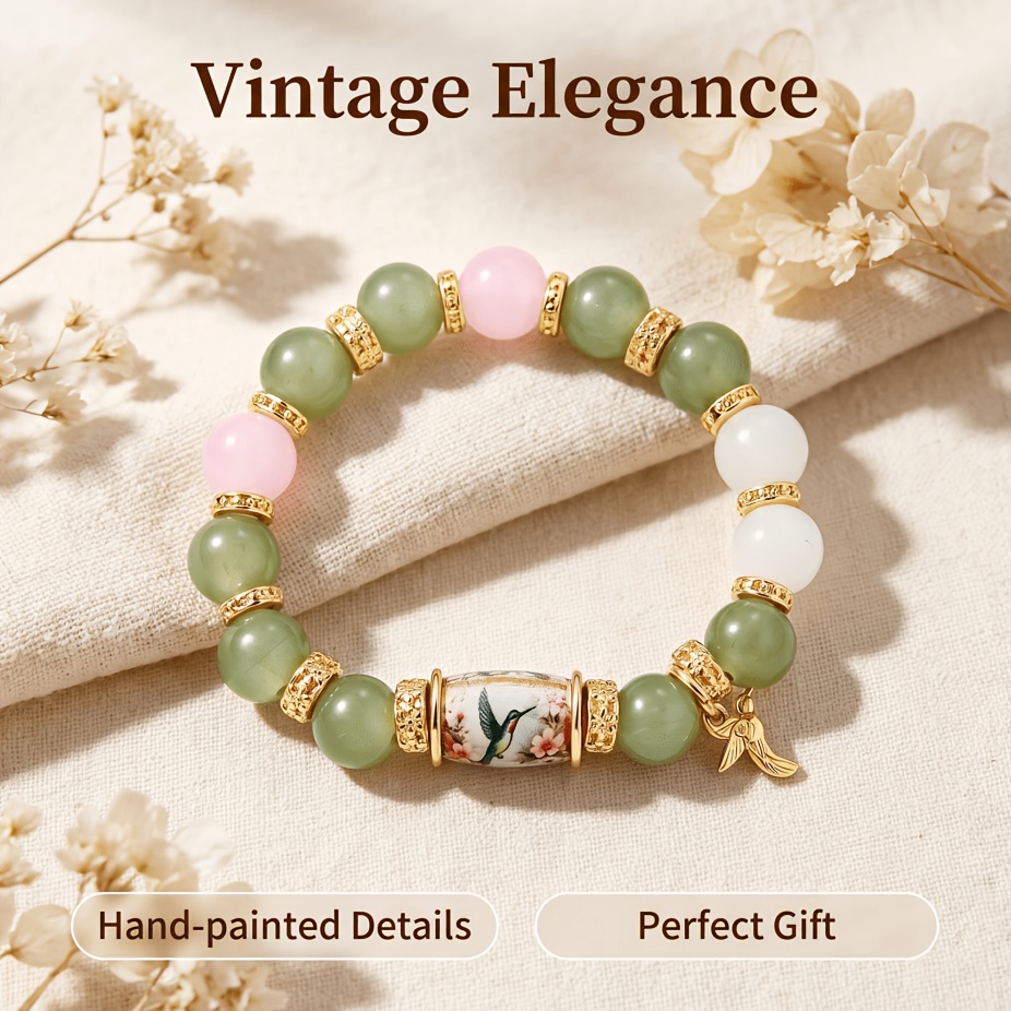 TEMU 1pc Elegant Fashionable Gentle Contrast-colored Bead Bracelet, Hummingbird Pendant Retro Temperament Accessory, Elastic Cord Stretch Bracelet,