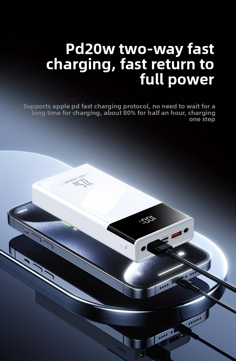 10 000mah high capacity power bank 22 5w pd fast charging 2 device   charging smart led   built in led flashlight   portable universal   for iphone 16 15 14   for samsung google   devices Product details 4
