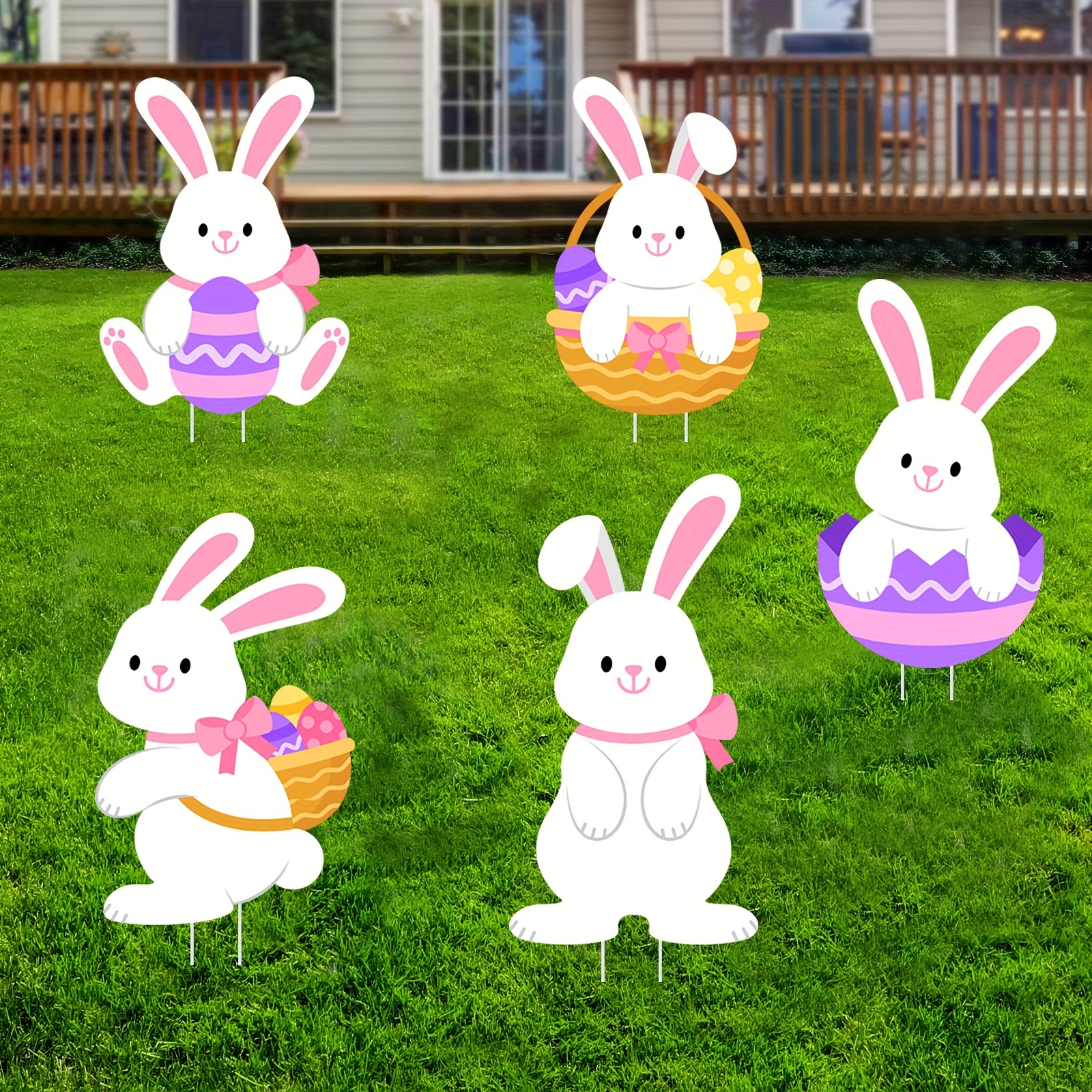 

5pcs Cute Bunny And Yard Signs With Stakes - , Waterproof And Lawn Decorations For Easter Party Supplies