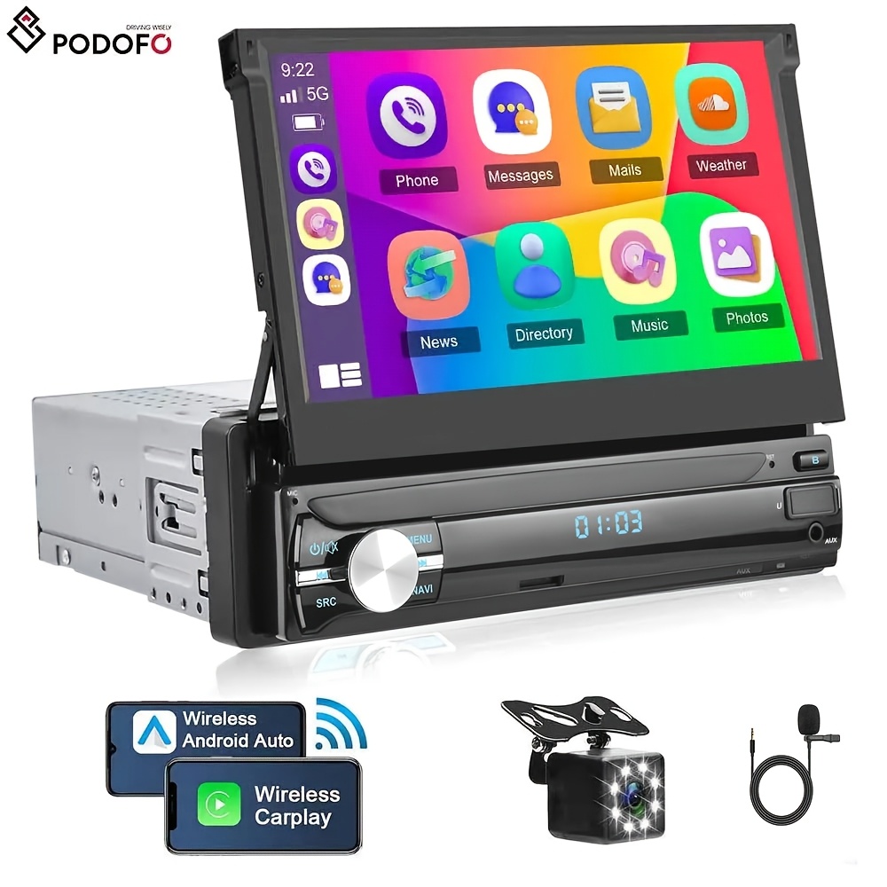 TEMU Podofo Single Din Car Stereo 7 Inch Hd Flip Out Touchscreen Car Radio With Wireless Car Player Auto, Type-c/ Usb/ Tf/ Aux, Swc, Fm, Voice