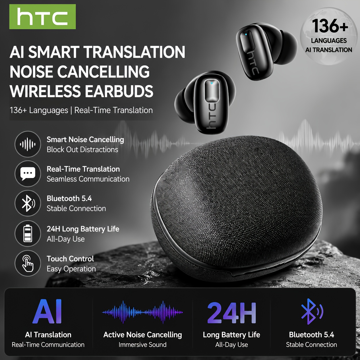 TEMU Htc Ne75 Ai Smart Translator: 136+ Language Translation, Wireless 6.0, Super Long , Touch Operation, Fitness Game Headphones, Travel Headphones,
