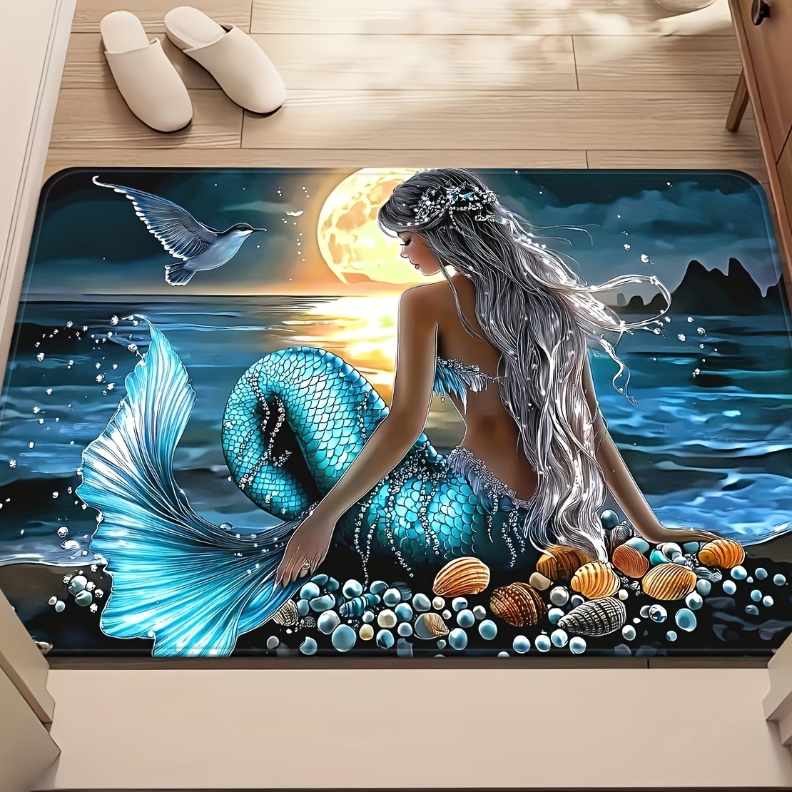 TEMU 1pc Seaside Mermaid Design Stylish Doormat - Polyester Rectangular Wind Mat Carpet - Durable And Machine Washable Mat - Featuring Ocean And