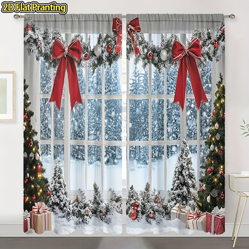 TEMU 2d Flat - 2d Flat - Set Of 2 Semi-transparent Winter Curtains For Christmas, Featuring A Pole Bag Design, With Red Bows And Snowy Pine, Perfect