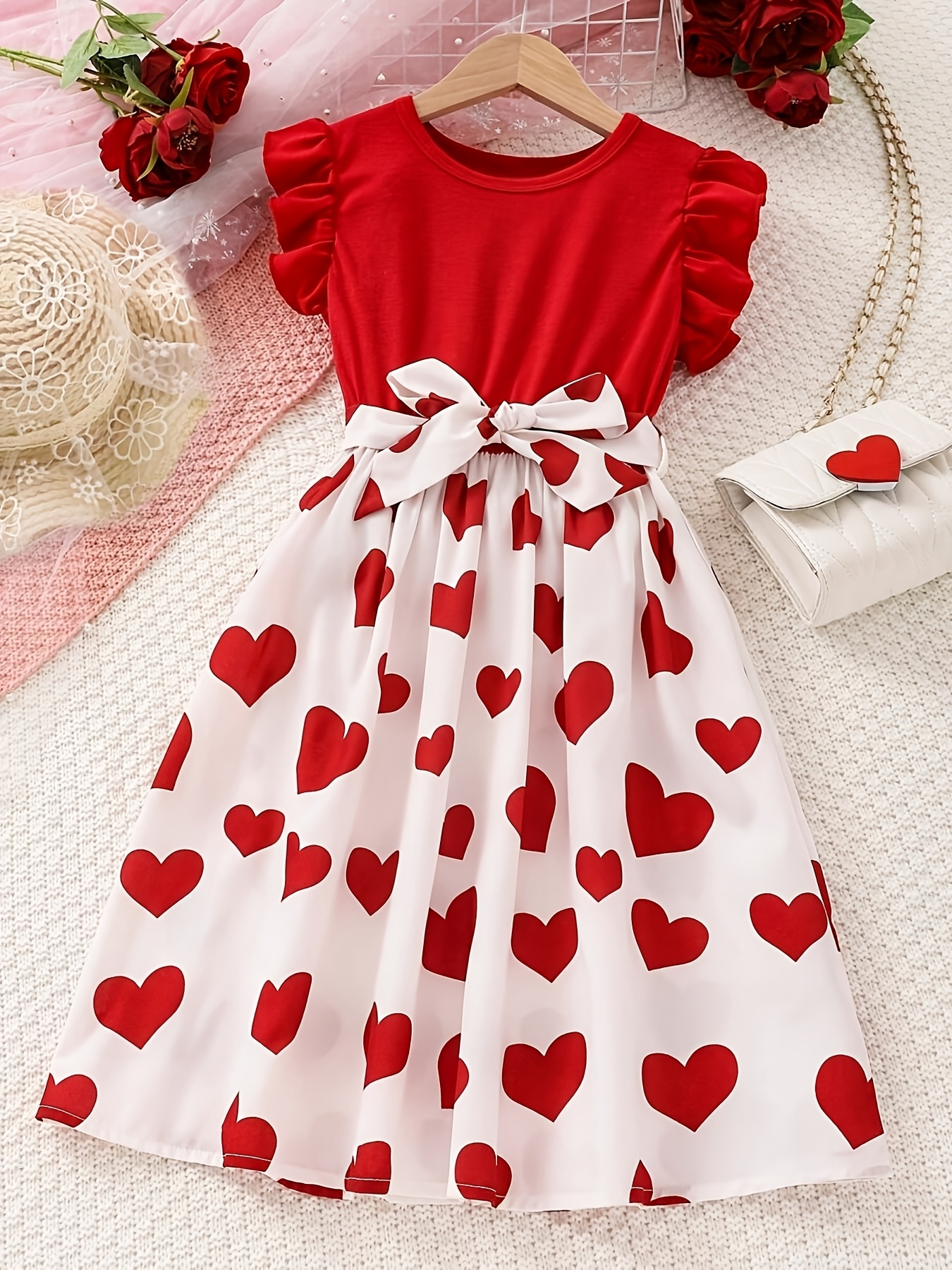 valentines day girls heart print   tie up ruffle dress
