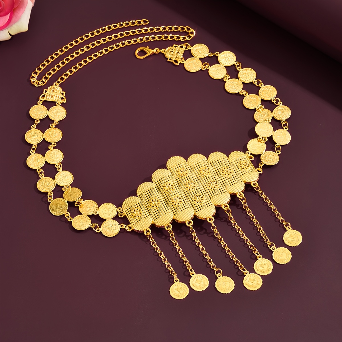 Image of Retro Ethnic Gilded Hollow Carved Exquisite Floral Print With Coin Tassel, And Dangling Wedding Belt Accessory, Fashionable Waist Seal