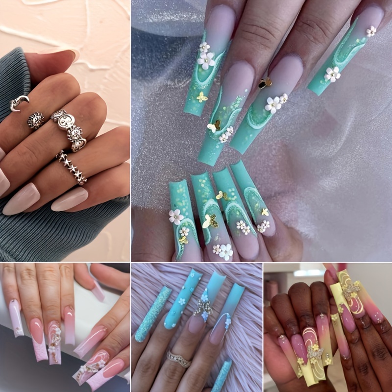 

96pcs Press On Nails Long Coffin Fake Nails + 3pcs Rings Glitter French Tip False Nails With 3d Charm Floral Designs Gradient Nails Press On Acrylic Nails Matte Flower Glue On Nails For Women Girls