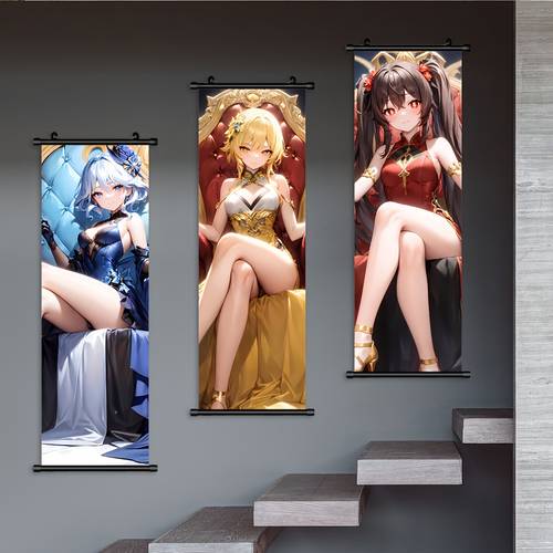 Anime Game Characters Art Deco Canvas Wall Hanging Scrolls - Frameless, Ink Print, High Definition Bedroom, Living Room, Home Office Decor - Cartoon Themed, Artistic Indoor/Outdoor Portrait Wall Art Decor, Waterproof, Durable, Easy to Hang, Ideal Gift for Friends - 1pc
