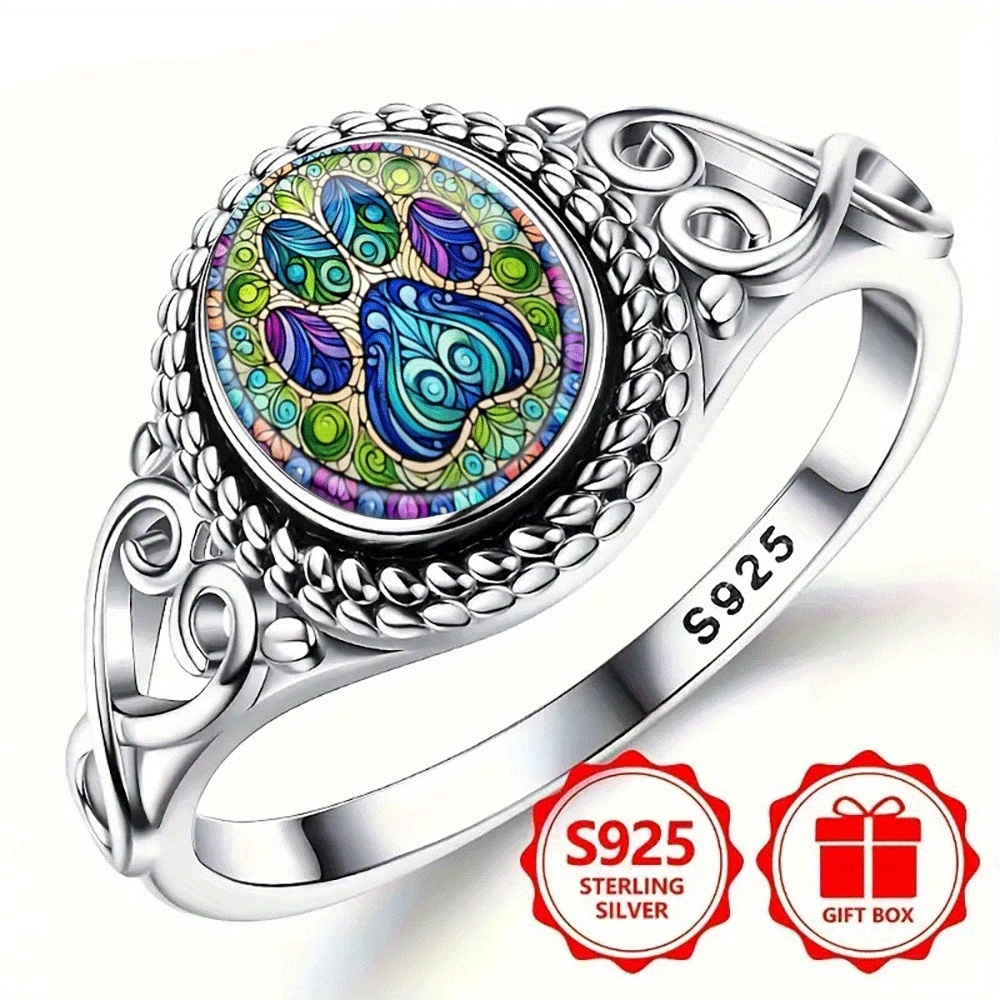 TEMU Silvery Ring, Stylish Painted Paw Print, Colorful Bohemian Engagement And Wedding Jewelry, Oval-shaped Everyday Gift, Jewelry For | Bohemian Ring | Durable