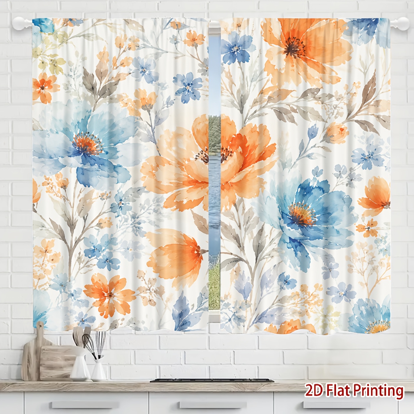 2d flat 2pcs 2d flat printing floral pattern fabric printed curtains soft light filtering privacy protection rod pocket installation suitable for living room kitchen bedroom study balcony apartment